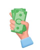 mänsklig hand innehav grön sedlar. 3d pengar sparande, återbetalning, förvaring eller vinnande. vektor