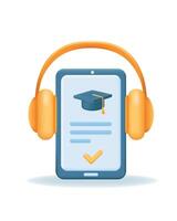 3d smart telefon med examen keps på skärm och gul hörlurar. uppkopplad utbildning, e-learning begrepp. vektor