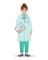 leende ung kvinna läkare i enhetlig med stetoskop och medicinsk dokument. 3d sjukvård och medicin begrepp. vektor