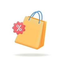 3d Einkaufen Tasche mit Rabatt Prozent unterzeichnen. Verkauf, Rabatte, online Einkaufen Konzept. vektor