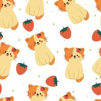 nahtlos Muster Karikatur Katze und Erdbeere. süß Tier Hintergrund Illustration zum Geschenk wickeln Papier vektor