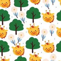 nahtlos Muster Karikatur Giraffe mit Blume, Pflanze und Baum. süß Tier Hintergrund zum Textil, Geschenk wickeln Papier vektor