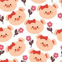 sömlös mönster tecknad serie gris och blomma. söt djur- tapet för textil, gåva slå in papper vektor