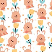 sömlös mönster tecknad serie kanin och blomma. söt djur- tapet för textil, gåva slå in papper vektor