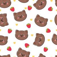 sömlös mönster tecknad serie katt och jordgubbe. söt djur- tapet illustration för gåva slå in papper vektor