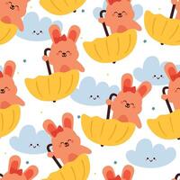 sömlös mönster tecknad serie kanin spelar med paraply. söt djur- tapet med himmel element, paraply vektor