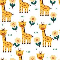 nahtlos Muster Karikatur Giraffe mit Blume, Pflanze und Baum. süß Tier Hintergrund zum Textil, Geschenk wickeln Papier vektor