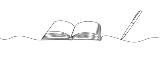 enkel linjär illustration av öppen bok och penna. utbildning begrepp. kontinuerlig linjär illustration med redigerbar slag. vektor