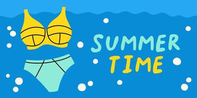 Sommer- Verkauf Vorlage mit Text Sommer- Zeit. Banner, Poster mit Sommer- Badeanzug. Werbung, Verkauf Banner. Illustration isoliert vektor