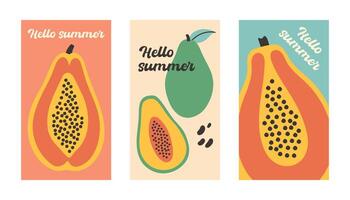 Sommer- Poster Papaya einstellen im eben Stil. Kunst zum Poster, Postkarte, Mauer Kunst, Banner Hintergrund. eben Karikatur Illustration vektor