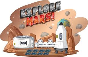 utforska mars word logotypdesign med rymdstation vektor