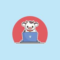 süß Tier Kuh Karikatur Arbeiten beim Laptop Illustration Tier Technologie Konzept Prämie eben Karikatur vektor