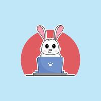 söt djur- kanin tecknad serie arbetssätt på bärbar dator illustration djur- teknologi begrepp premie platt tecknad serie vektor