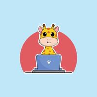 süß Tier Giraffe Karikatur Arbeiten beim Laptop Illustration Tier Technologie Konzept Prämie eben Karikatur vektor