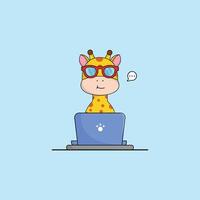 süß Tier Giraffe Karikatur Arbeiten beim Laptop Illustration Tier Technologie Konzept Prämie eben Karikatur vektor