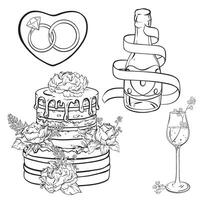 ein einfarbig Zeichnung mit Trinkgeschirr, Hochzeit Kuchen, und Ringe vektor