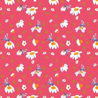 sömlös mönster trollslända blomma rosa bakgrund vild blommor affisch baner omslag vår sommar tyg kläder omslag tapet mall textil- vektor
