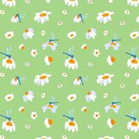 Sommer- Hintergrund Gänseblümchen Libelle nahtlos Muster Frühling Blühen Wildblume üppig Laub Ornament Verpackung Stoff Hintergrund Textil- Mosaik vektor