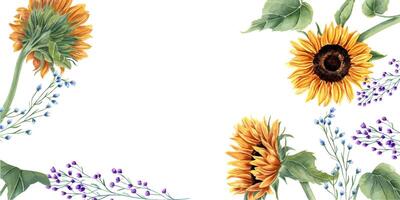 solrosor och abstrakt vild växter. blå, orange gul blommor. blommig sommar sammansättning med kopia Plats för text. vattenfärg illustration för bröllop mallar, födelsedag hälsningar vektor