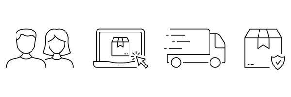 E-Commerce Linie Symbol Satz. online Geschäft Symbol Sammlung. Kunde bestellen linear Piktogramm. Lieferung Box Gliederung unterzeichnen. Internet Supermarkt. editierbar Schlaganfall. isoliert Illustration vektor