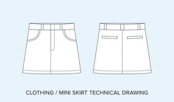mini kjol med fickor, teknisk teckning, kläder plan för mode designers vektor