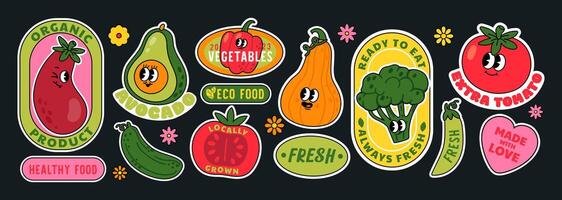 söt vegetabiliska klistermärke. tecknad serie retro grönsaker tecken etiketter. trendig mataffär mat bricka, promo marknadsföra emblem med tomat, äggplanta, organisk produkt. uppsättning vektor