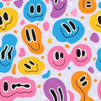 schmelzen Lächeln Gesicht. trippy geschmolzen psychedelisch Emoji nahtlos Muster. abstrakt surreal Glück Ausdruck Porträt. Karikatur komisch Flüssigkeit Gesichter Textur. bunt drucken vektor