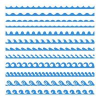 Wasser wellig Grenzen. Wasser- Wellen rahmen. nahtlos Blau horizontal Marine lockig Bürste. dekorativ stürmisch Meer Tide, gebogen Fluss, Flüssigkeit Elemente Design, Sammlung vektor