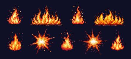 Pixel Kunst Feuer. rot Explosion und Lagerfeuer, Verbrennung Lagerfeuer mit Flamme, Zündungen und Funken auf dunkel Nacht Hintergrund. 8 bisschen Pixel 80er Jahre Spiel isoliert einstellen vektor