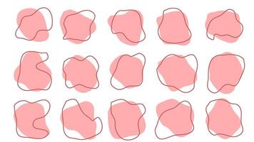 15 modern Rosa asymmetrisch Formen Flüssigkeit irregulär Klecks mit rot Linie abstrakt Elemente Grafik eben Stil Design Flüssigkeit Illustration Satz. nett Amöbe Kleckse, Flecken, Tropfen oder Flecken bündeln vektor
