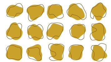 15 modern Gold asymmetrisch Formen Flüssigkeit irregulär Klecks mit braun Linie abstrakt Elemente Grafik eben Stil Design Flüssigkeit Illustration Satz. nett Amöbe Kleckse, Flecken, Tropfen oder Flecken bündeln vektor