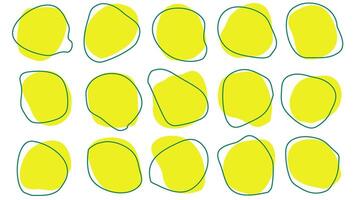 15 modern Gelb asymmetrisch Formen Flüssigkeit irregulär Klecks mit Grün Linie abstrakt Elemente Grafik eben Stil Design Flüssigkeit Illustration Satz. nett Amöbe Kleckse, Flecken, Tropfen oder Flecken bündeln vektor
