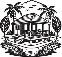 tropisk hus på de strand. svart och vit illustration. vektor