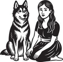 skön flicka och henne hund. svart och vit illustration. vektor