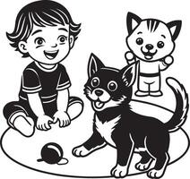 schwarz und Weiß Karikatur Illustration von Kinder spielen mit Katzen und Hunde Färbung Buch vektor