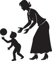 mor och son spelar fotboll, silhuett illustration isolerat på vit bakgrund vektor