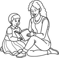 schwarz und Weiß Karikatur Illustration von Mutter lesen Buch zu ihr Sohn zum Färbung Buch vektor