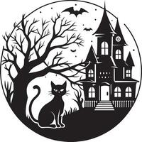 Halloween Hintergrund mit schwarz Katze, verfolgt Haus und Baum. Illustration. vektor