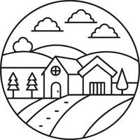 Landschaft mit Bauernhof Haus und Berge Linie Stil Symbol Illustration Design vektor