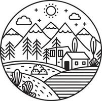 Landschaft mit Bauernhof Haus und Berge Linie Stil Symbol Illustration Design vektor