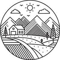 Landschaft mit Bauernhof Haus und Berge Linie Stil Symbol Illustration Design vektor