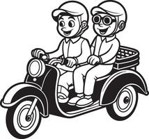 schwarz und Weiß Karikatur Illustration von Kinder Reiten Motorrad oder Roller zum Färbung Buch vektor