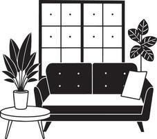 Leben Zimmer mit Sofa und Pflanze Design, Zuhause Dekoration Innere Leben Gebäude Wohnung und Wohn Thema Illustration vektor