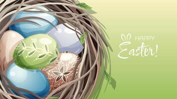 Ostern Poster und Banner Vorlage mit Ostern Eier im ein Nest auf ein Grün Hintergrund. Frühling Illustration. Herzliche Glückwünsche und Geschenke zum Ostern im Karikatur Stil. vektor