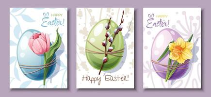 einstellen von Ostern Karte mit ein Ei und ein Muschi Weide, Narzisse und Tulpe. Banner, Poster zum das Frühling Urlaub. glücklich Ostern. vektor