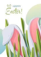 Ostern Gruß Karte Vorlage. Poster mit das Ostern Hase im das Gras. Frühling süß Urlaub Illustration. Frühling Zeit. hervorstehend Hase Ohren vektor
