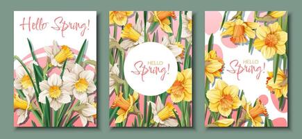uppsättning av hälsning kort mallar med vår blommor. baner, affisch med påskliljor. påsk illustration av delikat blommor i tecknad serie stil för kort, inbjudan, bakgrund, etc. vektor