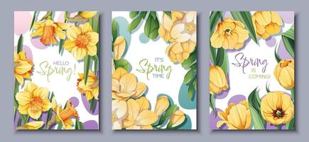 drei Karten mit Gelb Blumen und Grün Blätter im ein botanisch Muster vektor