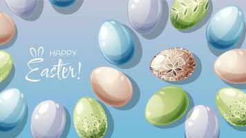 Ostern Poster und Banner Vorlage mit Ostern Eier auf ein Blau Hintergrund. Frühling Illustration. Herzliche Glückwünsche und Geschenke zum Ostern im Karikatur Stil vektor