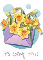 hälsning kort mall med vår blommor i ett kuvert. affisch, baner med påskliljor. Hej vår. illustration av delikat blommor i tecknad serie stil för kort, inbjudan, bakgrund, etc vektor